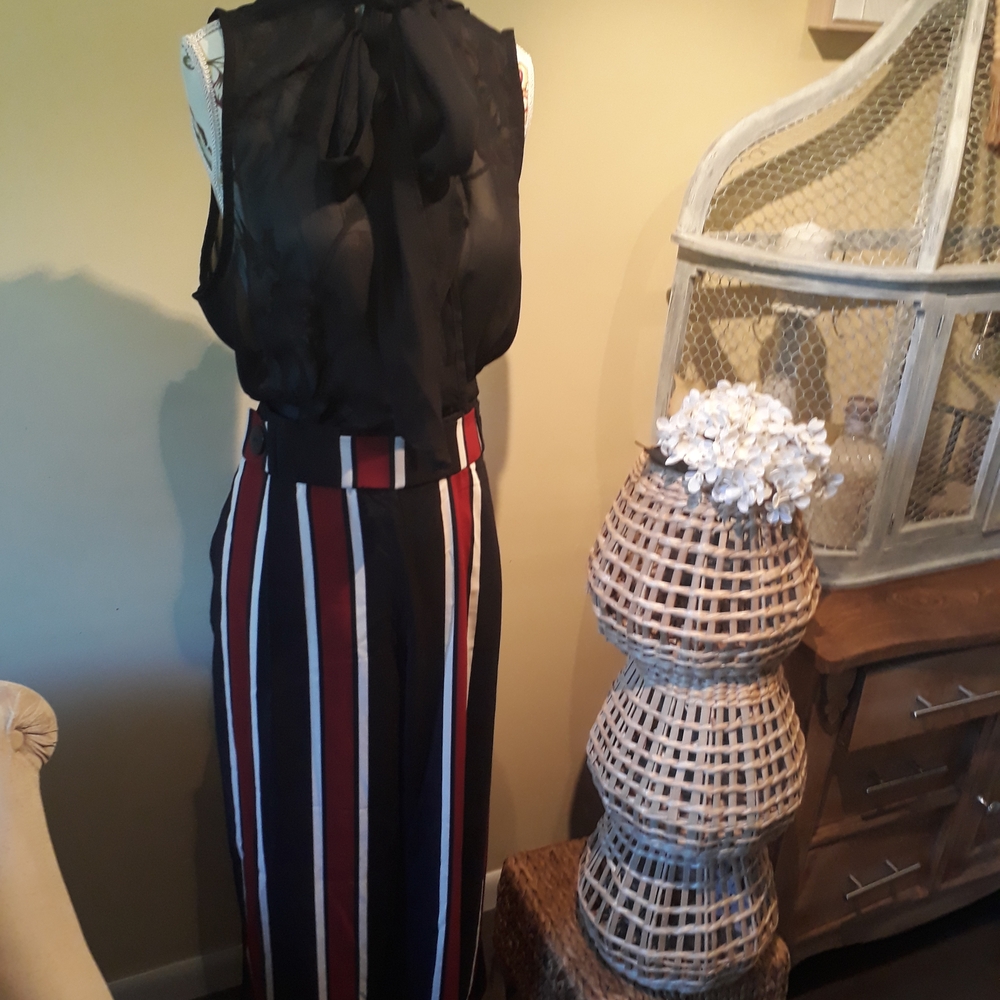 Zara Black and Red Striped Wide Leg Pants And George Tie Neck Top 2pcs set